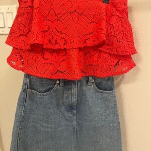 Off shoulder top and denim skirt